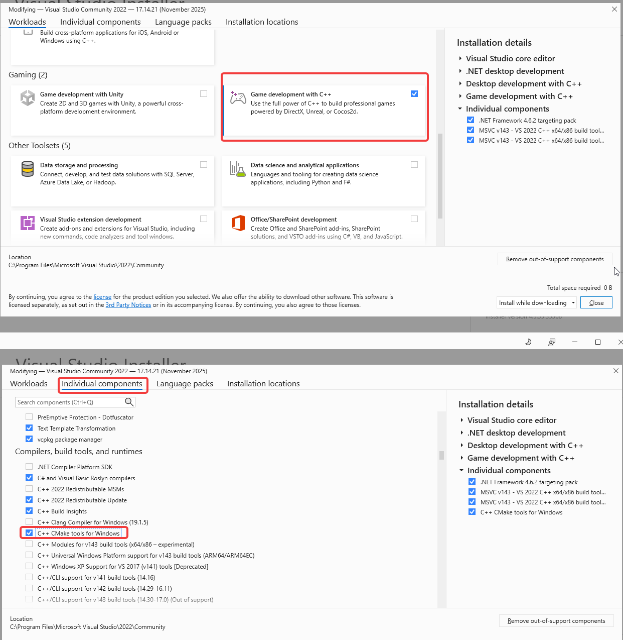 Visual Studio workload selection
