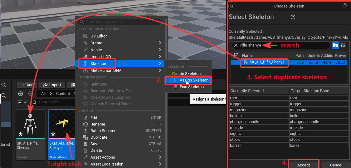 Assign custom skeleton to duplicated rifle mesh
