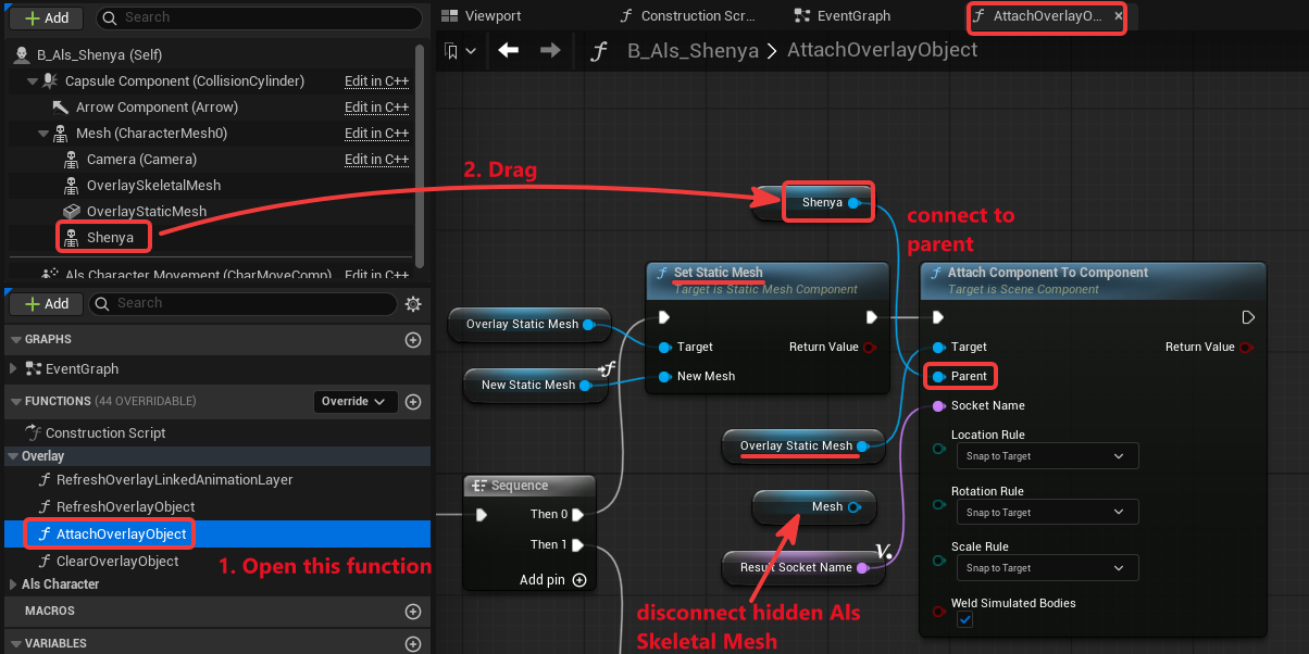 Attach static overlay to visible character mesh