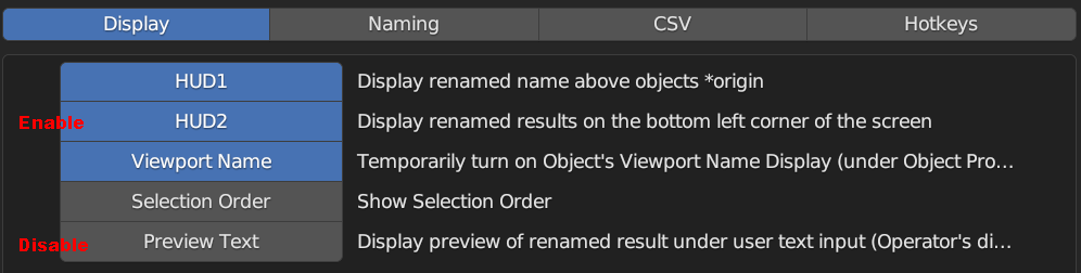 RIn.Rename Preferences > Display > Turn On `HUD2`, Turn Off `Preview Text`